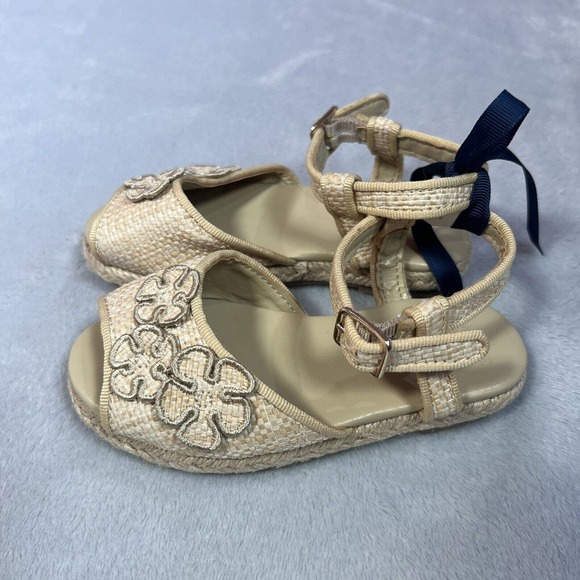 Janie and Jack Sandals Girls 8 Toddler Tan Flower Espadrille Straw Shoes Summer - Picture 4 of 8